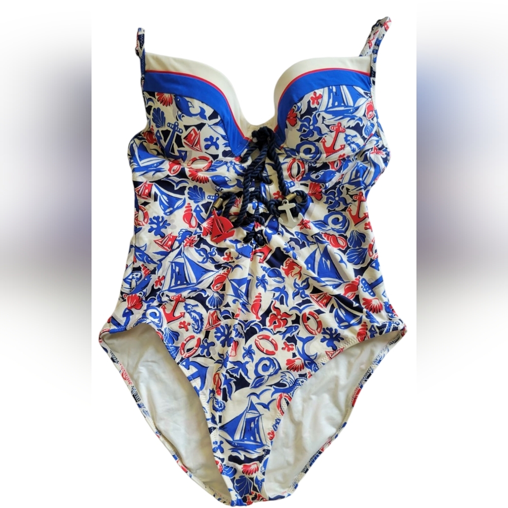 Nanette Lepore Blue and Red Floral One Piece Swimsuit